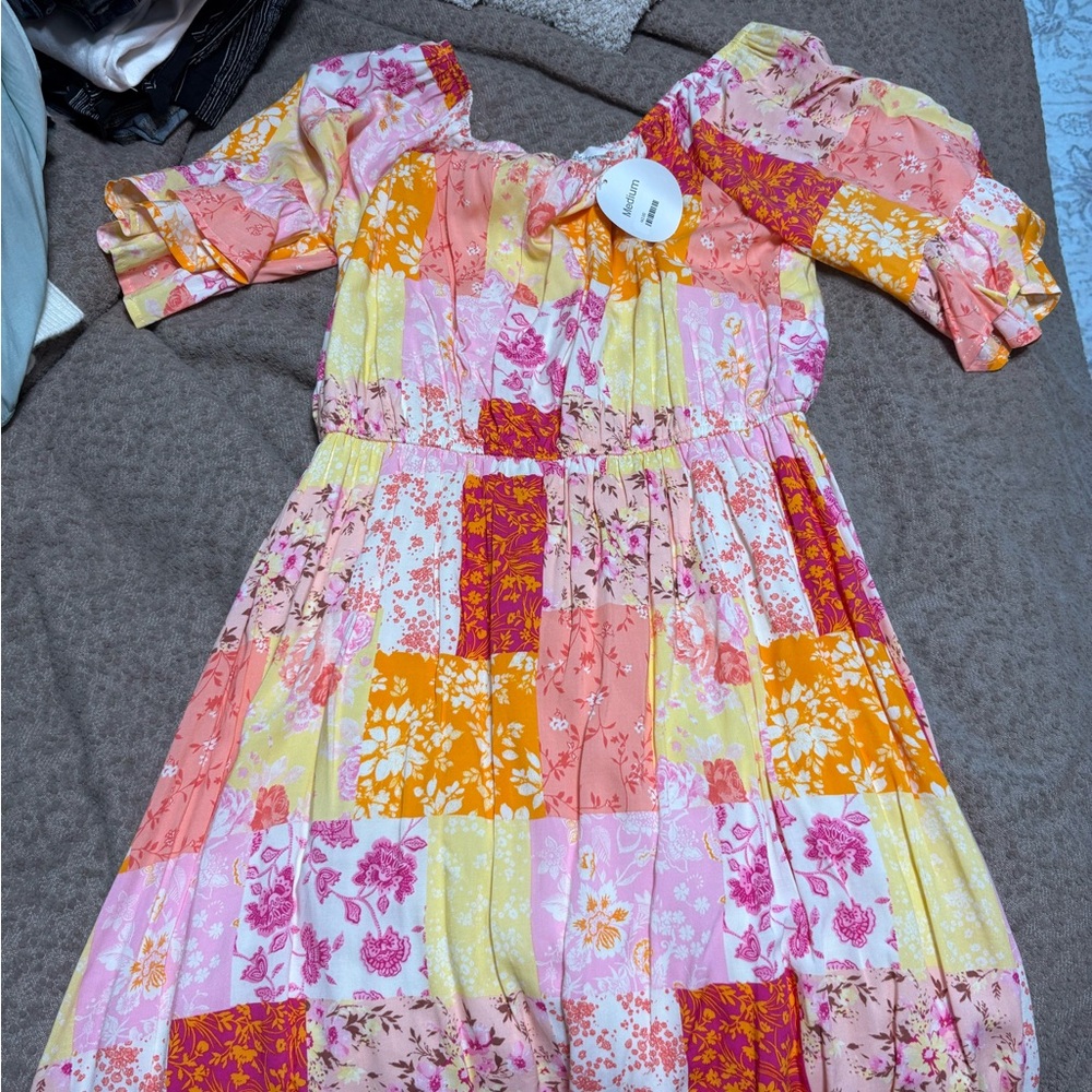 Vibrant Floral Patchwork Midi Dress